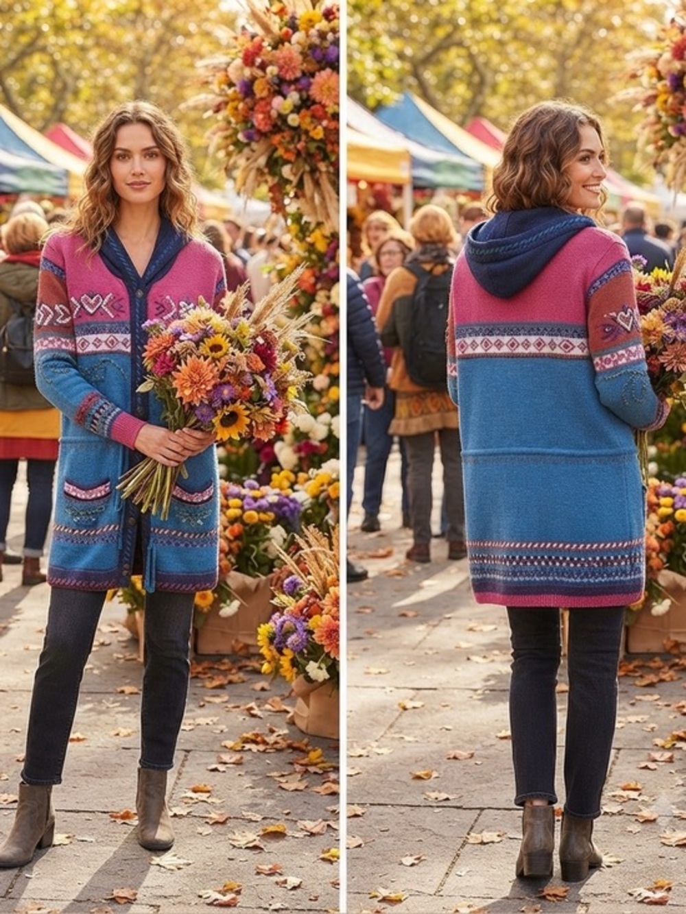John Henry 100% Wool Hand Loomed Embroidered Hooded Cardigan Sweater Size Small